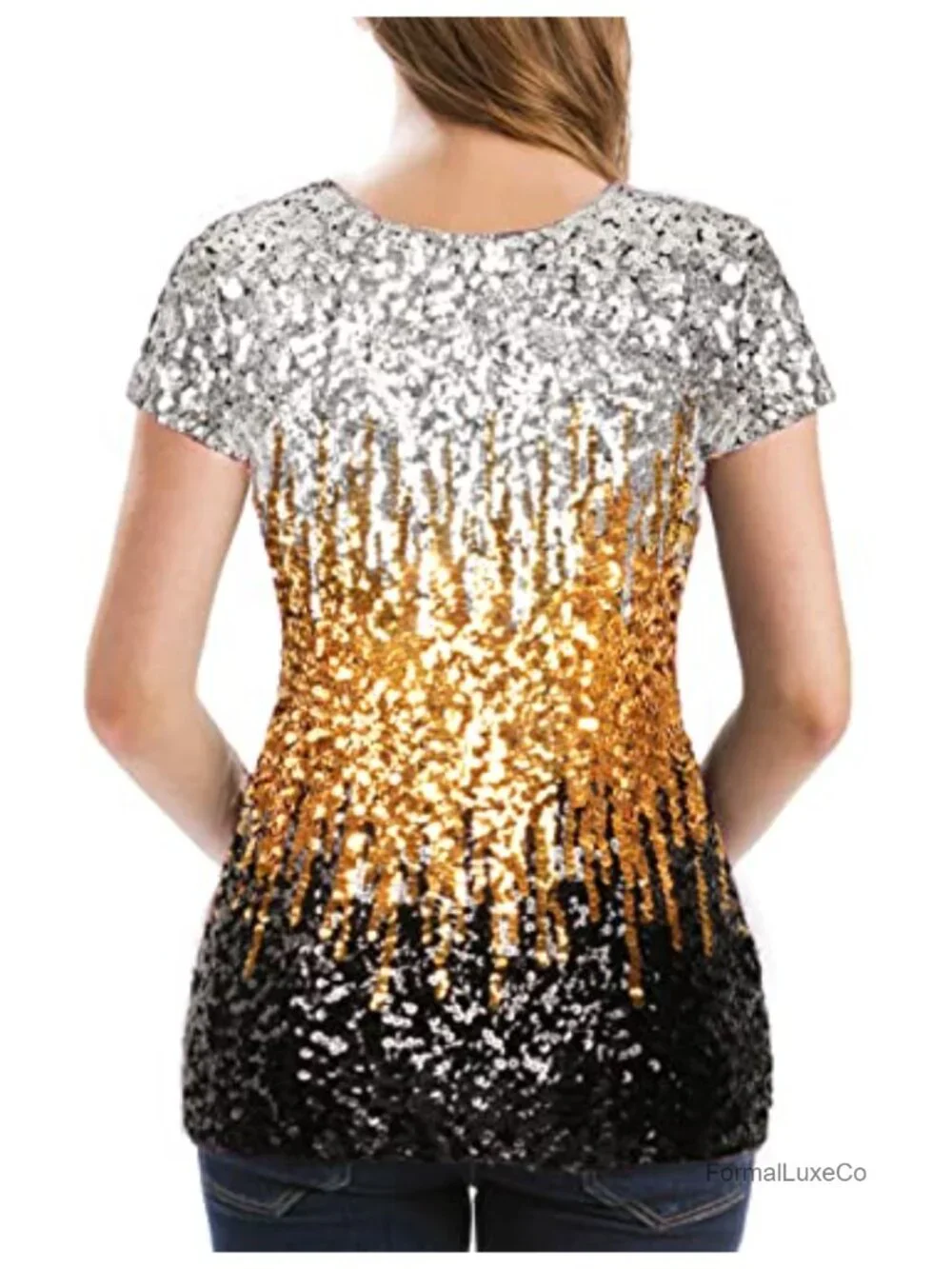 Women's Shimmer Sequin Top Short Sleeve Crew Neck Glitter Party Blouse